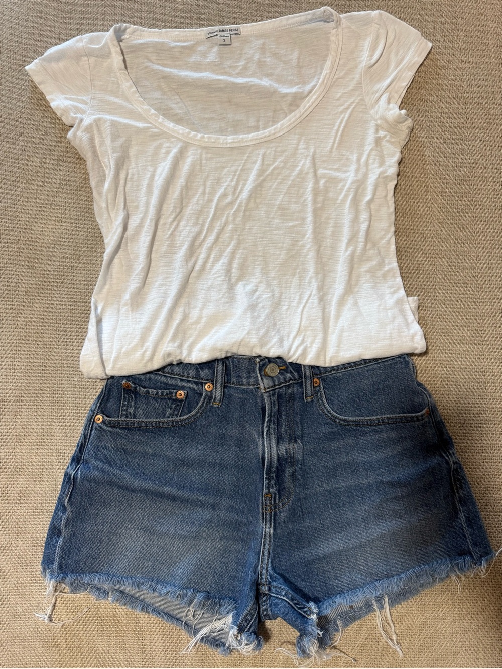 Lucky Brand Denim cutoffs and James Perse white scoop neck tee